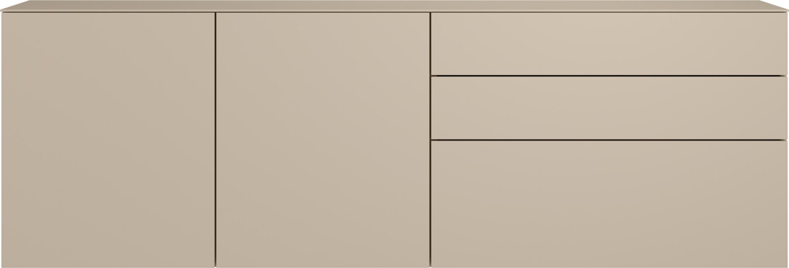 Beiges, modernes Sideboard mit drei Fronttüren und drei Schubladen rechts, glatte grifflose Optik; Ansicht von vorne.