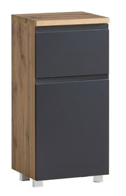 Moderner Unterschrank mit Holzoptik und dunkler Front, frontal betrachtet.