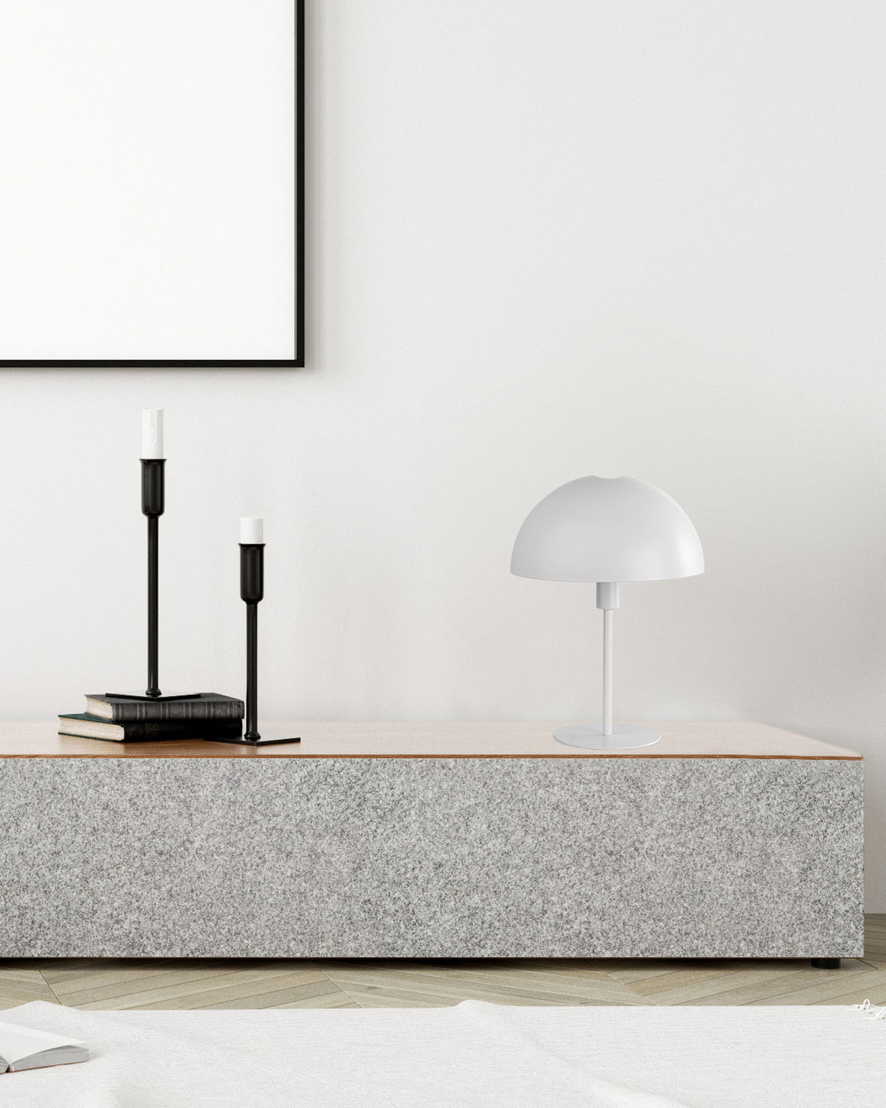 NOWA Tischleuchte MEIKE MEIKE Moderne Tischleuchte MEIKE in Weiß auf einem grauen Sideboard, seitliche Perspektive