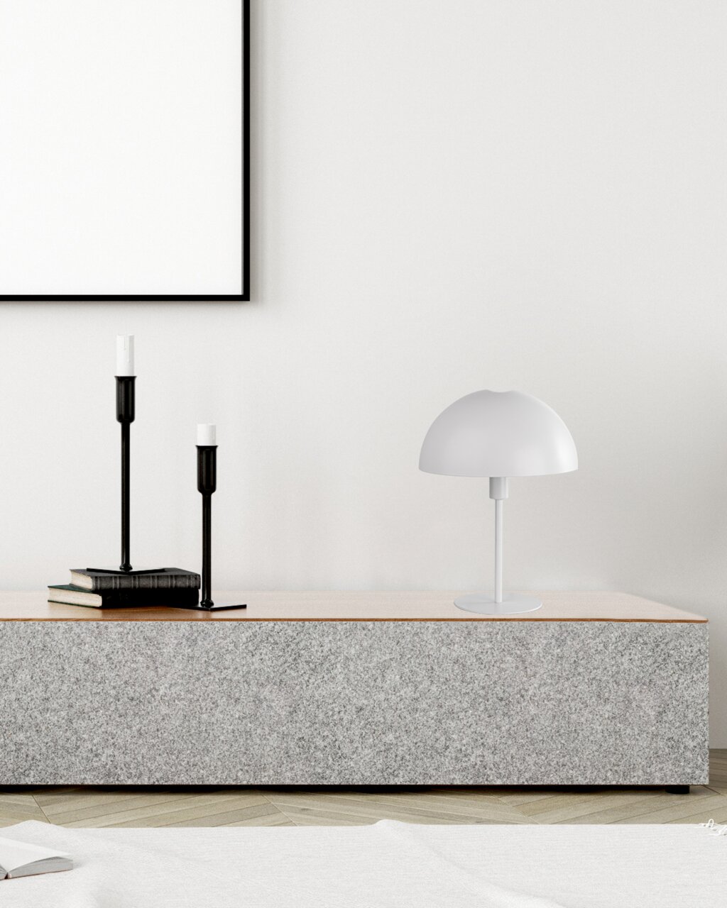 NOWA Tafellamp MEIKE MEIKE Moderne Tischleuchte MEIKE in Weiß auf einem grauen Sideboard, seitliche Perspektive