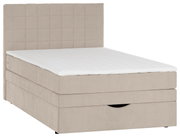 Beiges Boxspringbett mit gepolstertem, quadratisch abgestepptem Kopfteil und weißer Matratzenauflage, schräg von vorne links fotografiert