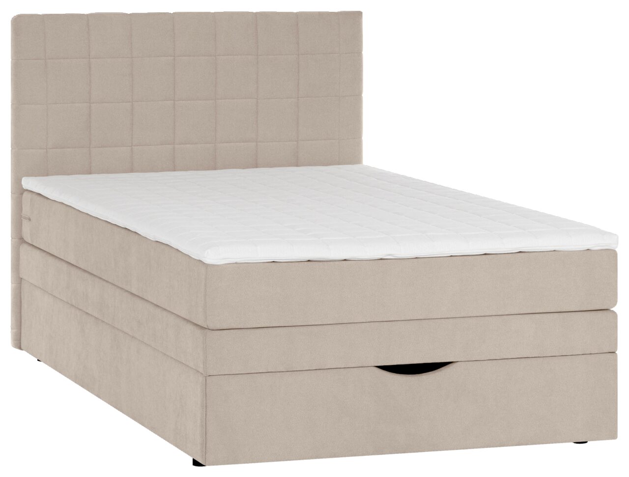 Beiges Boxspringbett mit gepolstertem, quadratisch abgestepptem Kopfteil und weißer Matratzenauflage, schräg von vorne links fotografiert