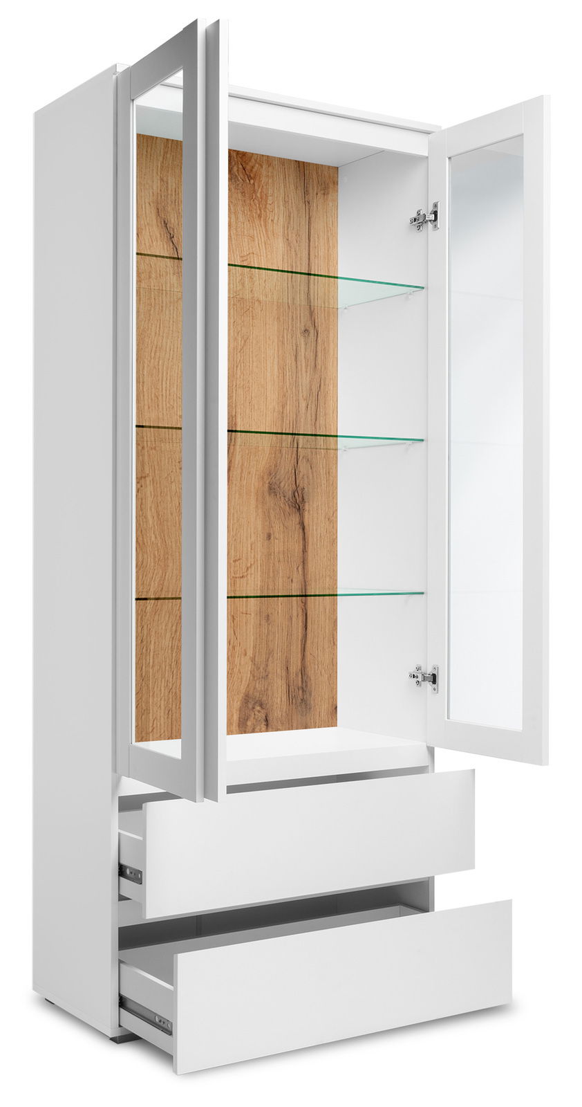 Moderne Vitrine mit weißem Rahmen, Glastüren und Holzhintergrund, aus seitlicher Perspektive fotografiert.
