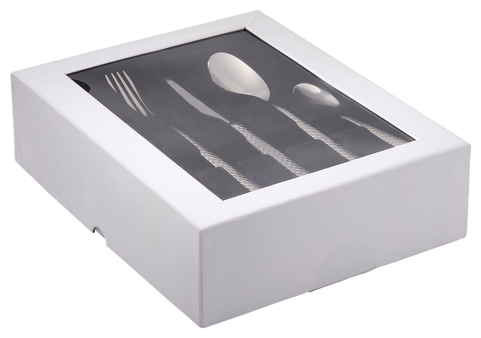 Besteckset in einer weißen Verpackung mit Sichtfenster, Perspektive von schräg oben