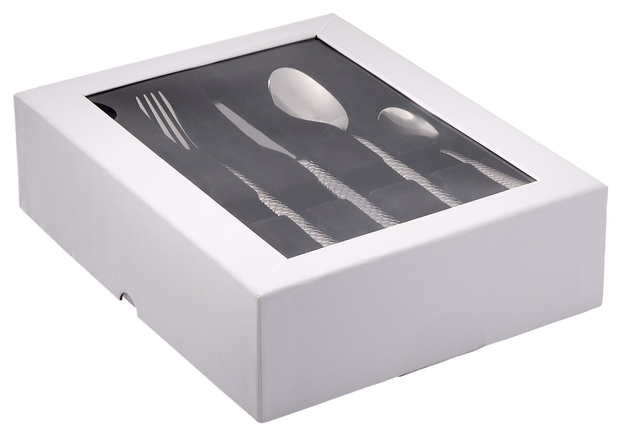 Novel Besteckset 30-tlg. Besteckset in einer weißen Verpackung mit Sichtfenster, Perspektive von schräg oben
