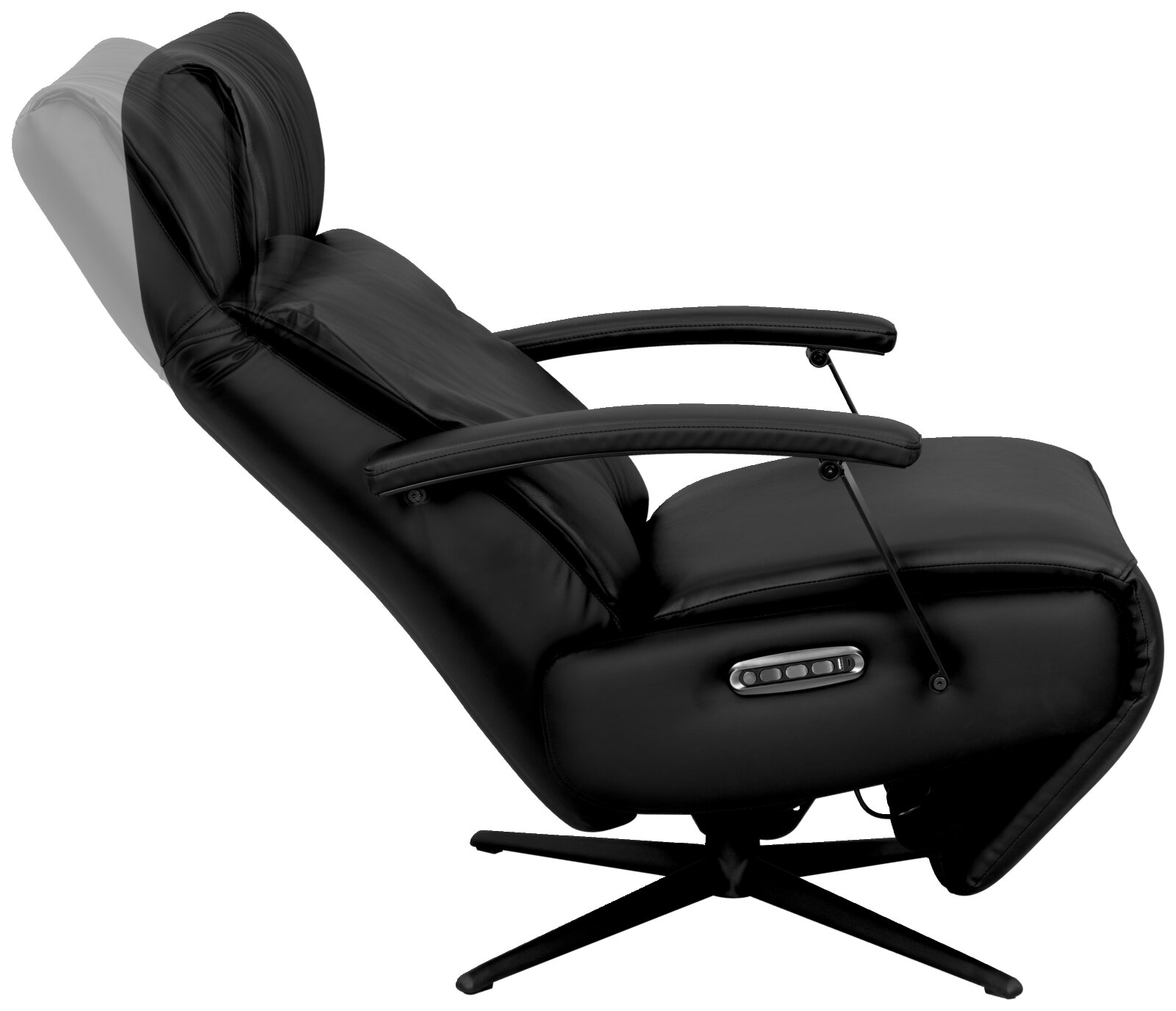 Zwarte relaxfauteuil in zijaanzicht, met verstelbare rugleuning en armleuningen.