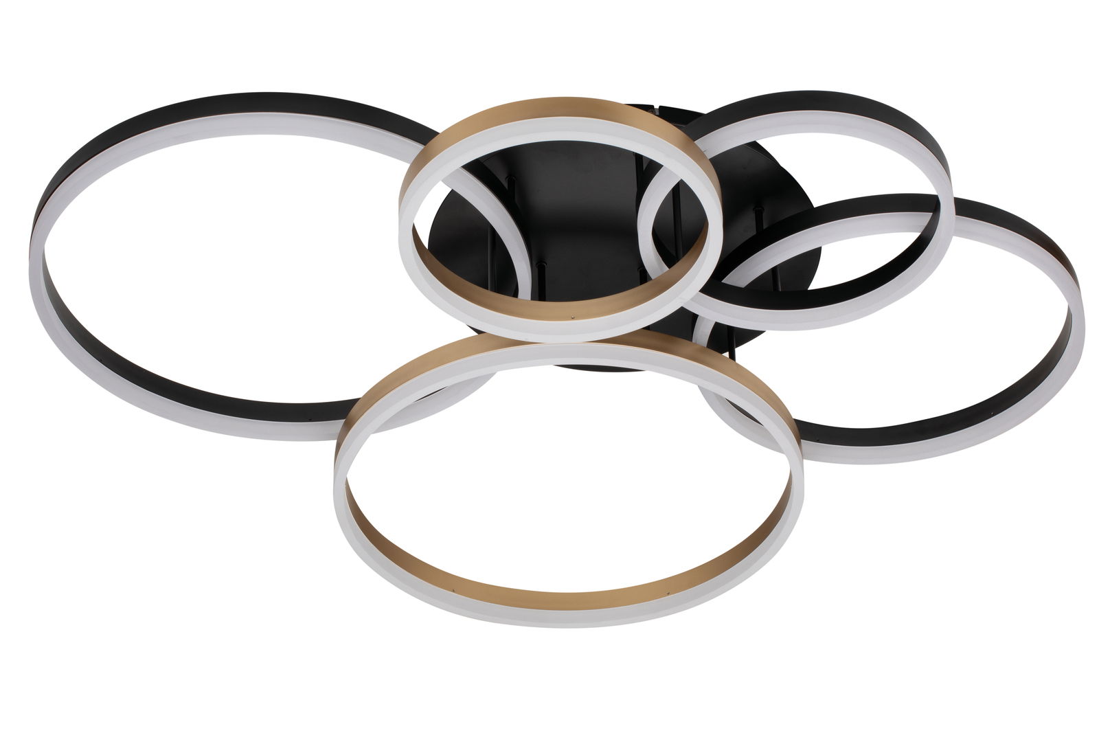 Moderne LED-Deckenleuchte mit mehreren ineinander verschlungenen Ringen in Schwarz und Gold, Ansicht von unten.