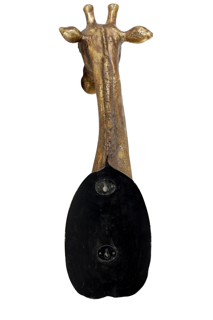 Achterkant van een goudkleurige giraffenwandlamp met bevestigingsmaterialen.