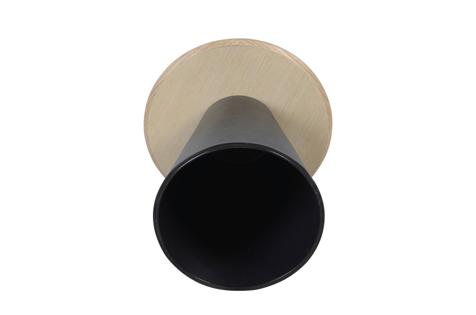 Beistelltisch von oben betrachtet mit runder Holzplatte und schwarzem zylindrischem Fuß