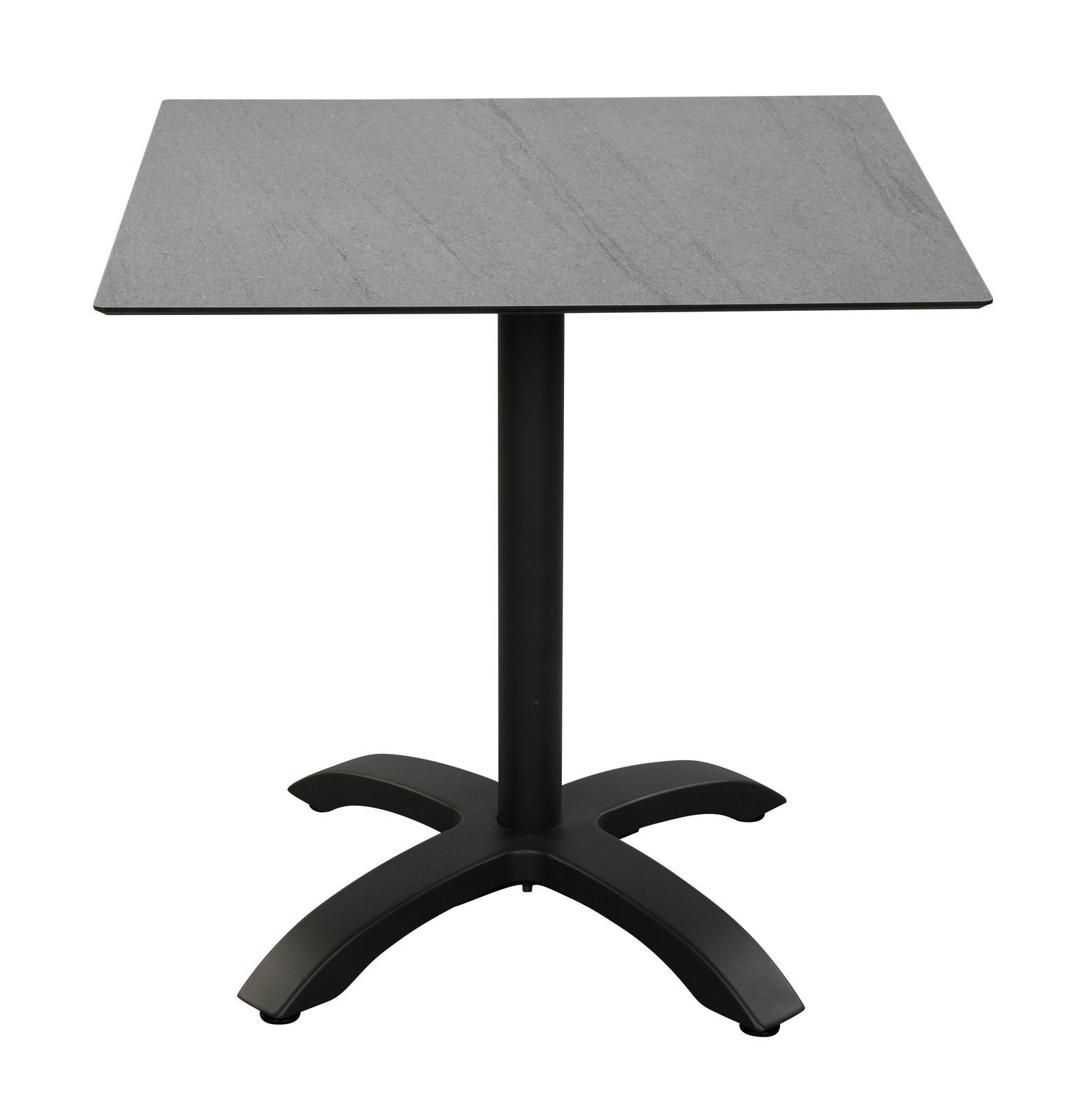 Moderner quadratischer Gartentisch mit grauer Tischplatte und schwarzem Metallfuß, frontal aufgenommen.