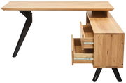 Eck-Schreibtisch aus Holz mit schwarzen Metallbeinen, seitliche Perspektive mit geöffneten Schubladen.