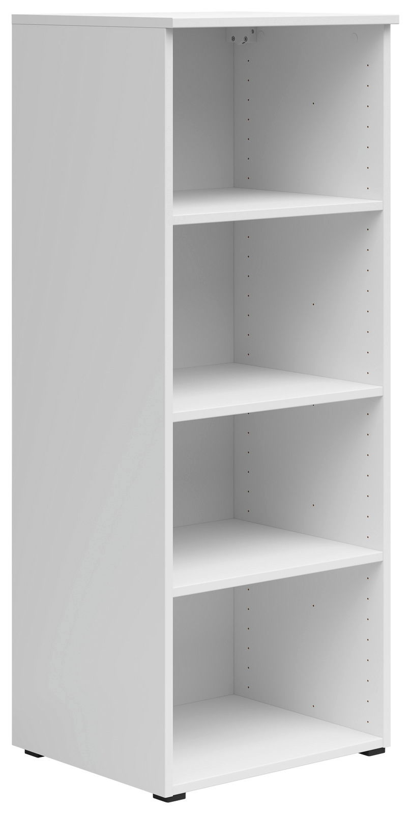 Weißes Regal mit vier offenen Fächern, seitliche Perspektive