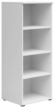 Weißes Regal mit vier offenen Fächern, seitliche Perspektive