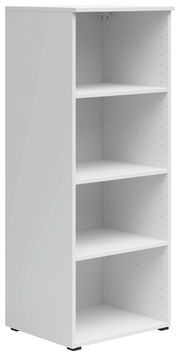 Weißes Regal mit vier offenen Fächern, seitliche Perspektive