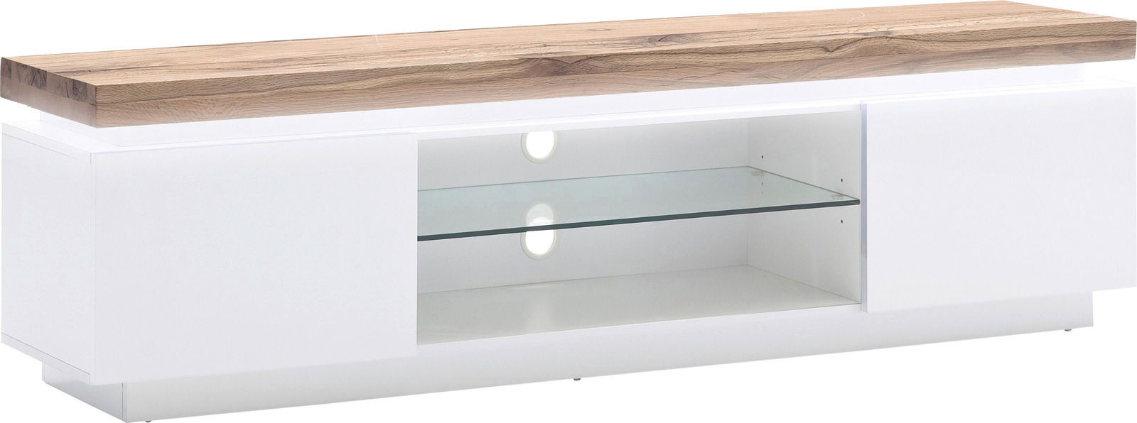 Modernes TV-Lowboard in Weiß mit Holzplatte und Glasregal, seitliche Perspektive