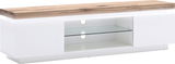 Modernes TV-Lowboard in Weiß mit Holzplatte und Glasregal, seitliche Perspektive