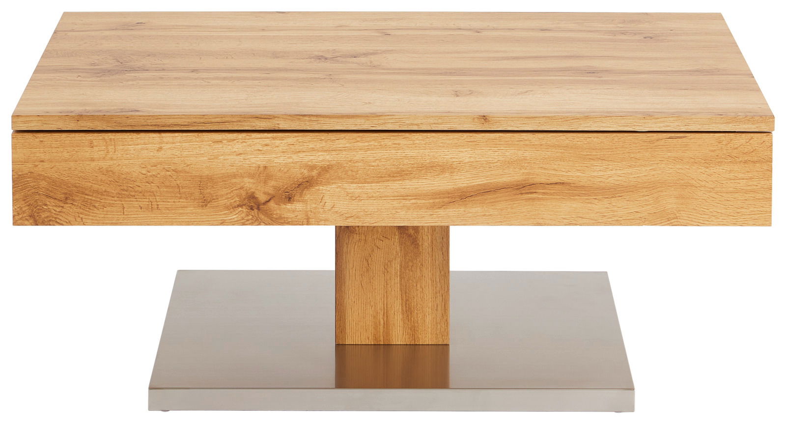 Moderner Couchtisch aus Holz mit quadratischer Tischplatte und Metallfuß, Frontalansicht.