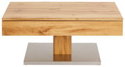 Moderner Couchtisch aus Holz mit quadratischer Tischplatte und Metallfuß, Frontalansicht.