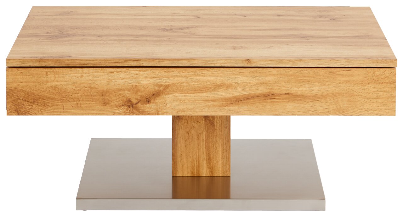 Moderner Couchtisch aus Holz mit quadratischer Tischplatte und Metallfuß, Frontalansicht.