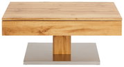 Moderne houten salontafel met vierkant tafelblad en metalen onderstel, gezien van voren.