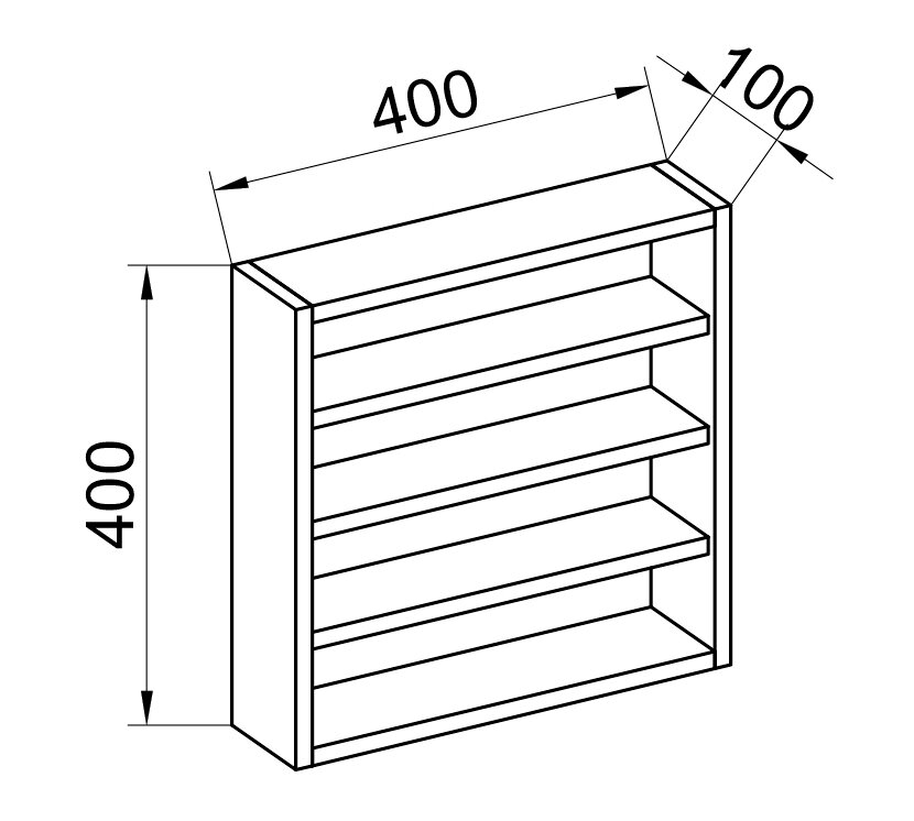 Isometrische technische Zeichnung eines kompakten Wandregals mit vier Ablageböden, Maße ca. 400 x 400 x 100 mm (Breite x Höhe x Tiefe), perspektivische Ansicht von vorne/oben.