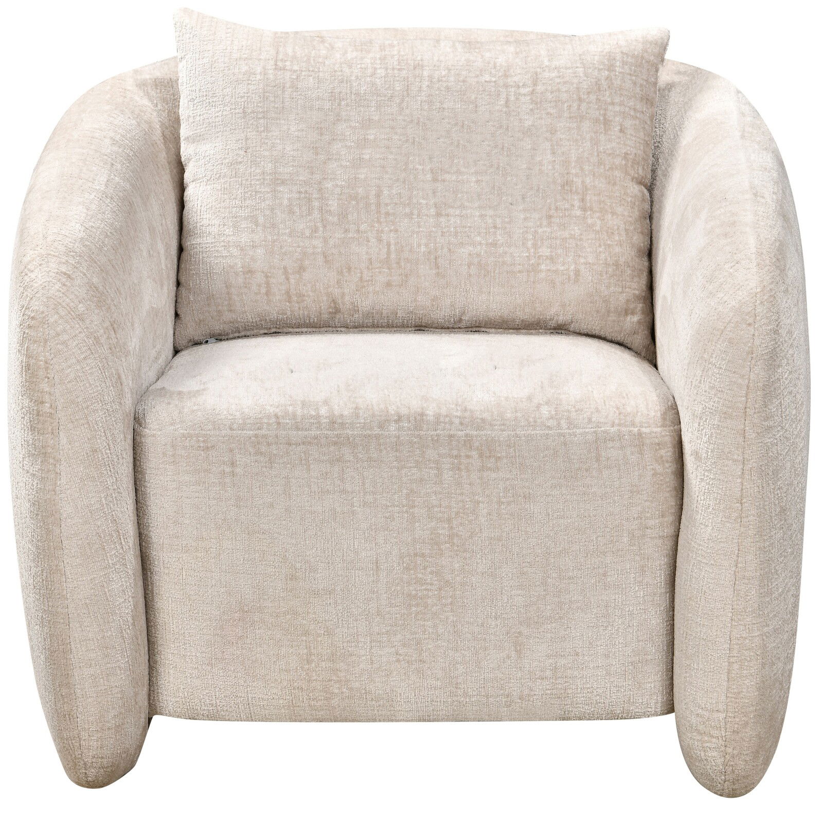 Beiger Sessel mit abgerundeten Armlehnen und Kissen, Frontalansicht