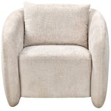 Beiger Sessel mit abgerundeten Armlehnen und Kissen, Frontalansicht