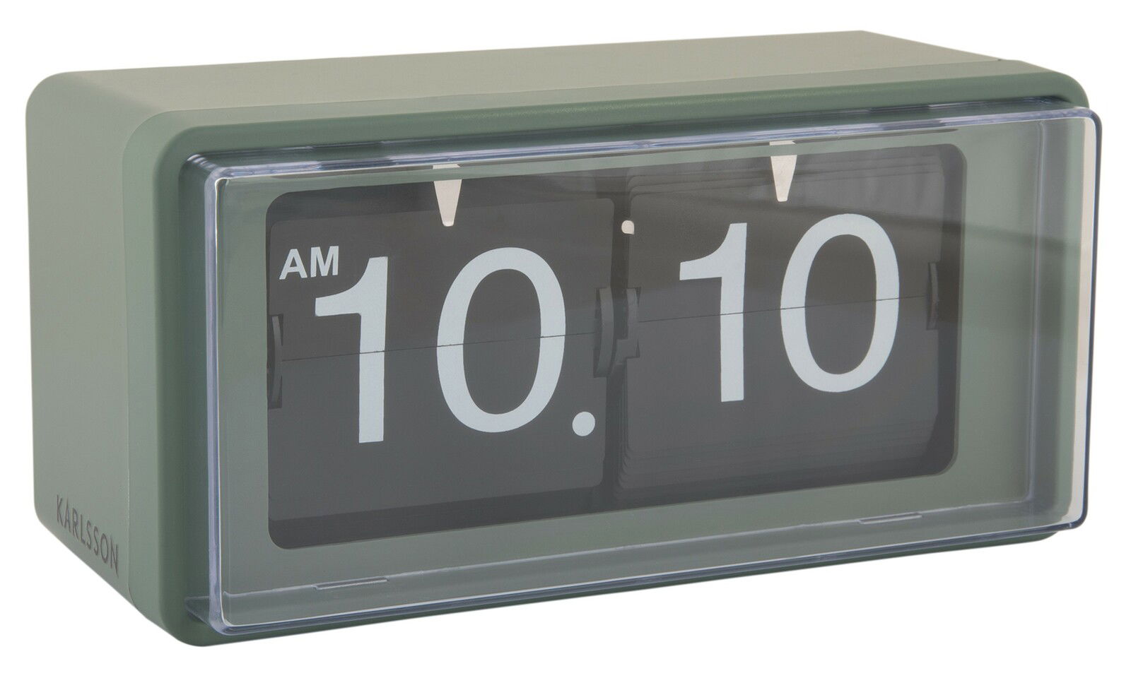 Grüne Flip-Uhr mit digitaler Anzeige von 10:10 Uhr, seitliche Perspektive