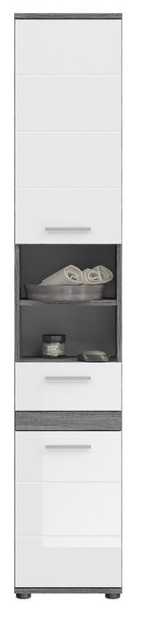 Hochschrank in Weiß mit offenen Regalfächern, Handtüchern und Pflegeprodukten, Frontalansicht