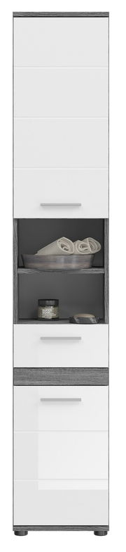 Hochschrank in Weiß mit offenen Regalfächern, Handtüchern und Pflegeprodukten, Frontalansicht