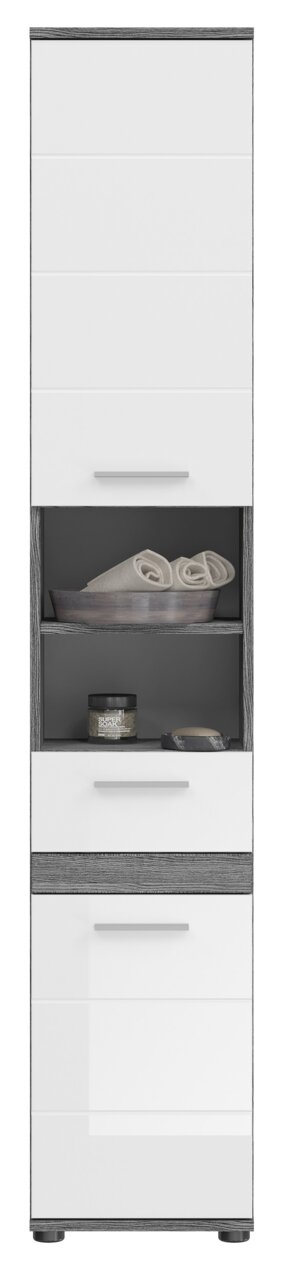 Hochschrank in Weiß mit offenen Regalfächern, Handtüchern und Pflegeprodukten, Frontalansicht