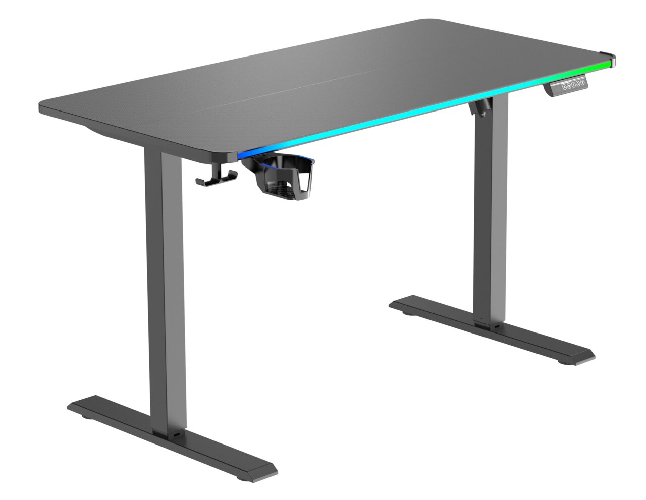 Moderner E-Gaming Tisch mit RGB-Beleuchtung, seitlicher Getränkehalter und Haken, seitliche Perspektive