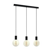 Moderne Pendelleuchte POZUETA mit drei hängenden Glühbirnen, schwarze Fassung und Kabel, seitliche Perspektive.