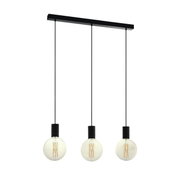 Moderne Pendelleuchte POZUETA mit drei hängenden Glühbirnen, schwarze Fassung und Kabel, seitliche Perspektive.