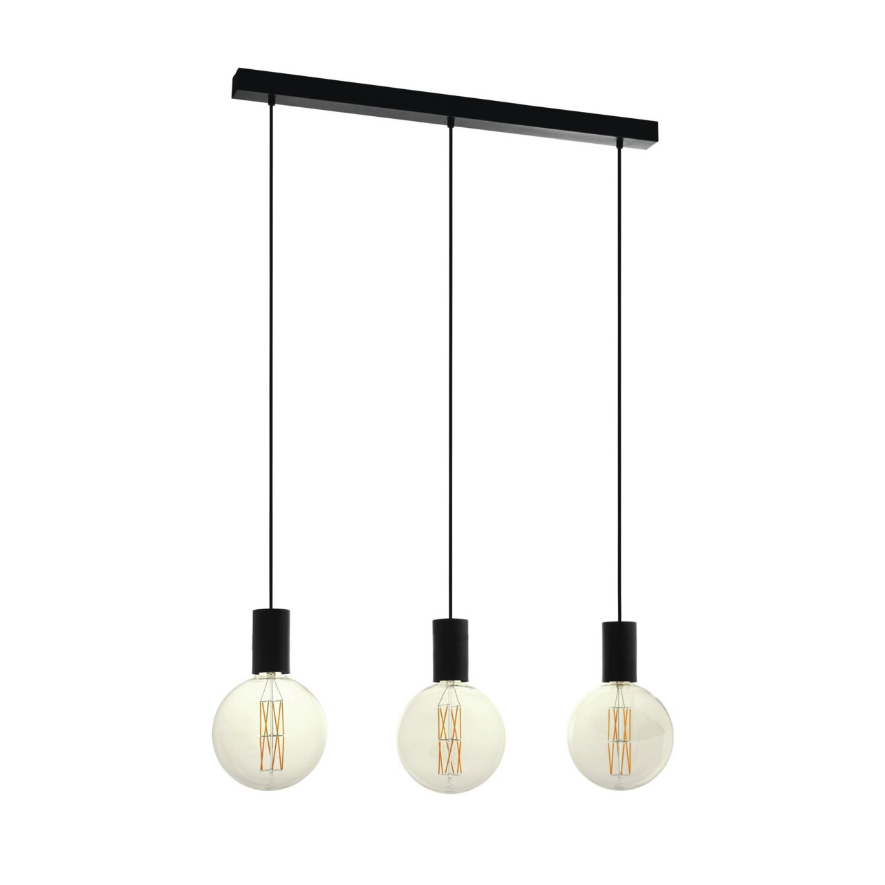 Moderne Pendelleuchte POZUETA mit drei hängenden Glühbirnen, schwarze Fassung und Kabel, seitliche Perspektive.