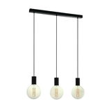 Moderne Pendelleuchte POZUETA mit drei hängenden Glühbirnen, schwarze Fassung und Kabel, seitliche Perspektive.