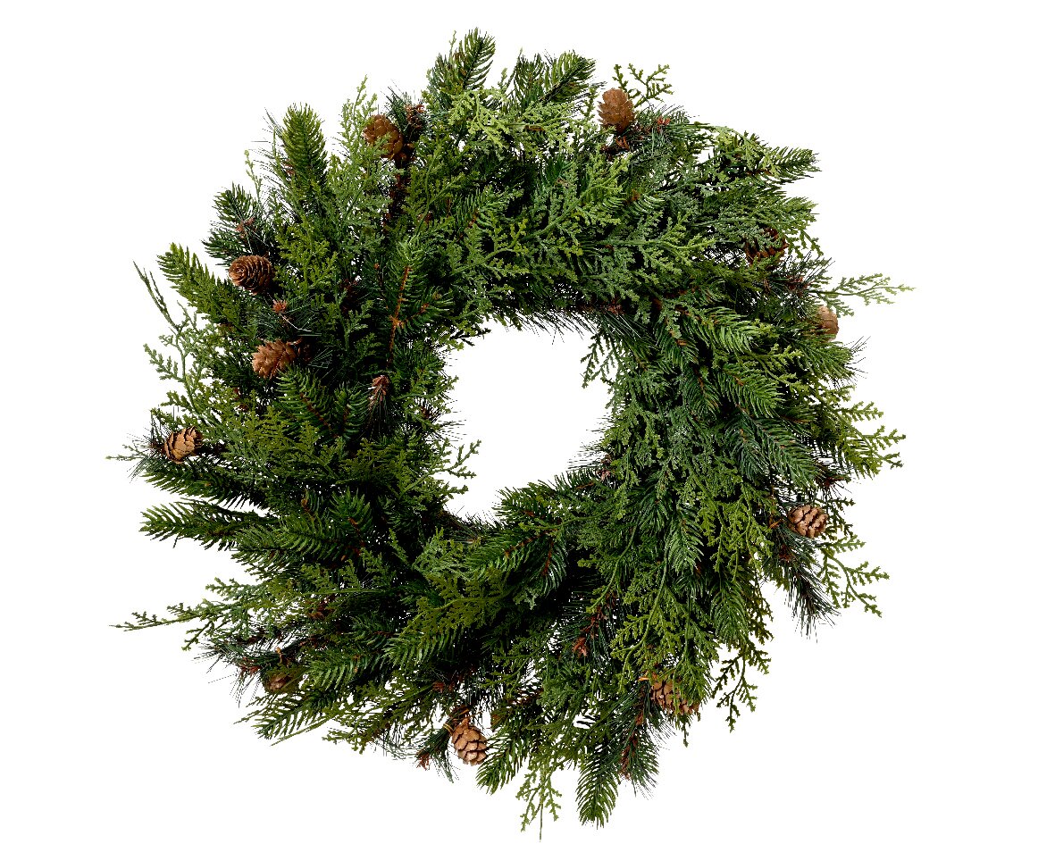 Everlands Weihnachtskranz Ø60cm Vogelperspektive auf einen üppigen, grünen Zypressenkranz mit kleinen Tannenzapfen, ideal für die Innendekoration.