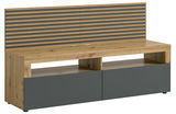 Modernes Lowboard mit Holzoptik und grauen Elementen, seitliche Perspektive