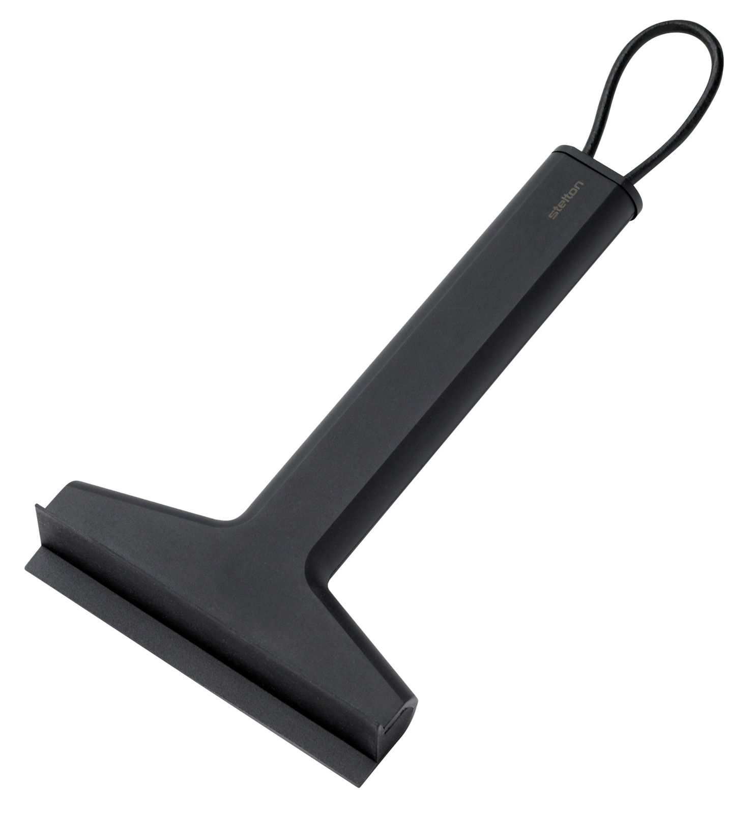 Schwarzer Eiskratzer mit ergonomischem Griff, seitliche Perspektive