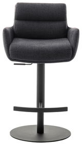 Moderner Barstuhl mit Armlehnen in dunklem Stoffbezug, Vorderansicht