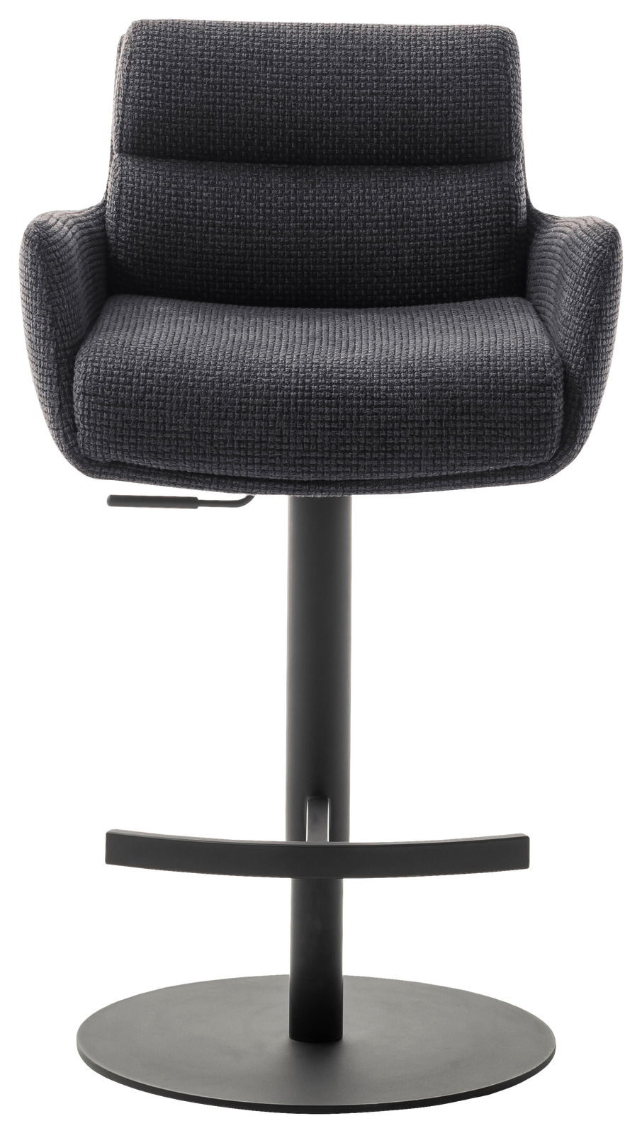 Moderner Barstuhl mit Armlehnen in dunklem Stoffbezug, Vorderansicht