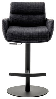 Moderner Barstuhl mit Armlehnen in dunklem Stoffbezug, Vorderansicht