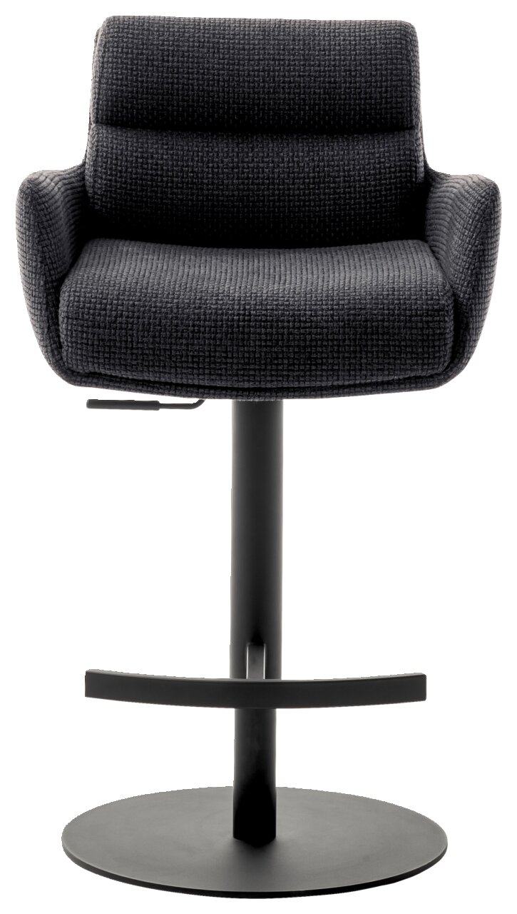 Moderner Barstuhl mit Armlehnen in dunklem Stoffbezug, Vorderansicht