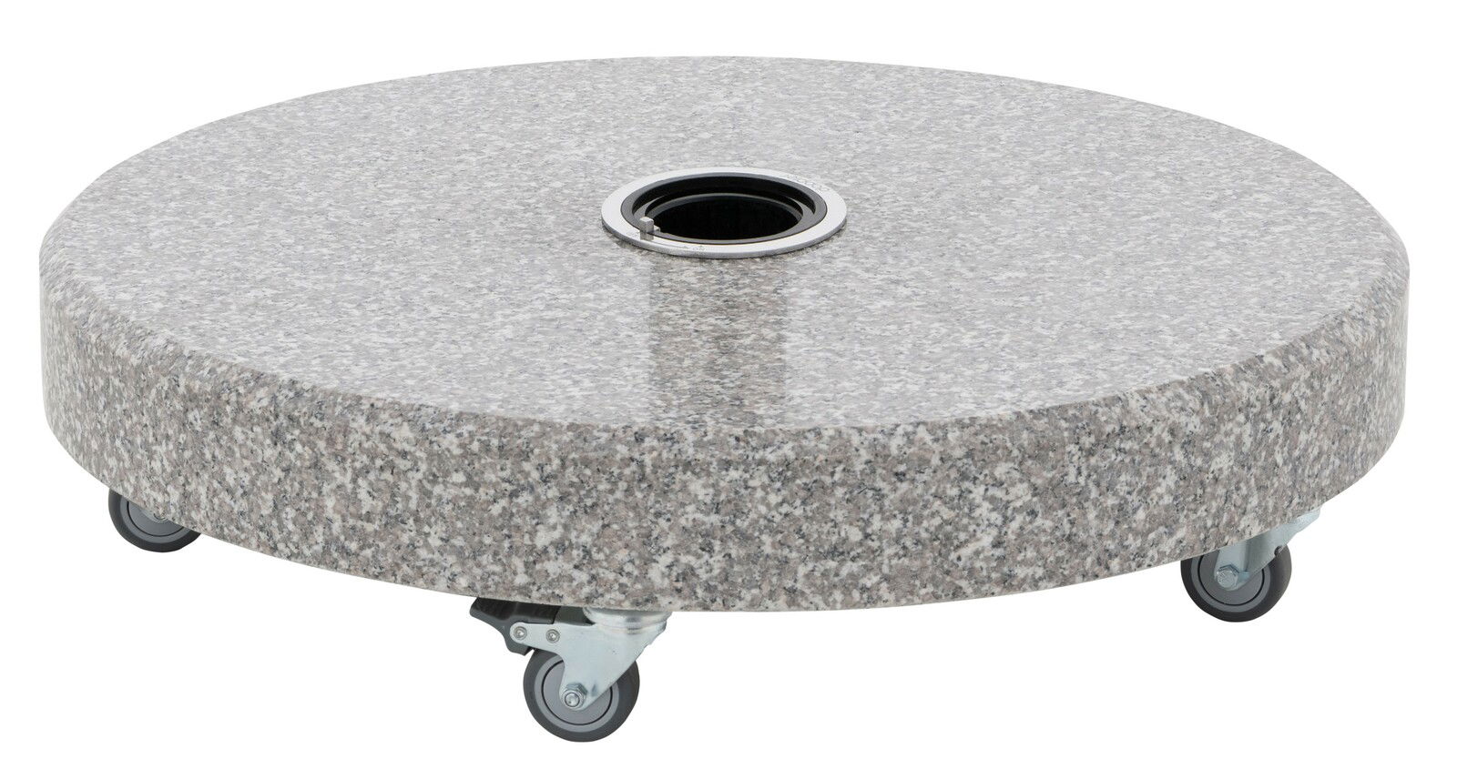 Runder Granitsockel mit Rollen, seitliche Perspektive