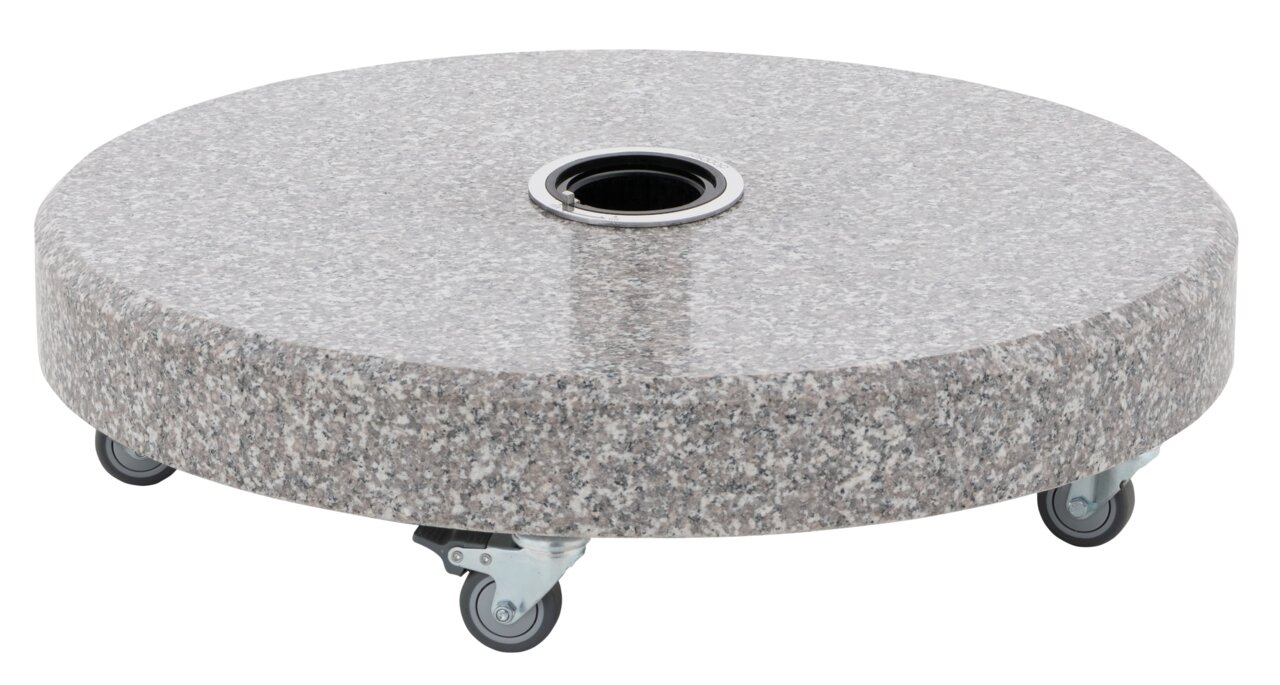 Runder Granitsockel mit Rollen, seitliche Perspektive