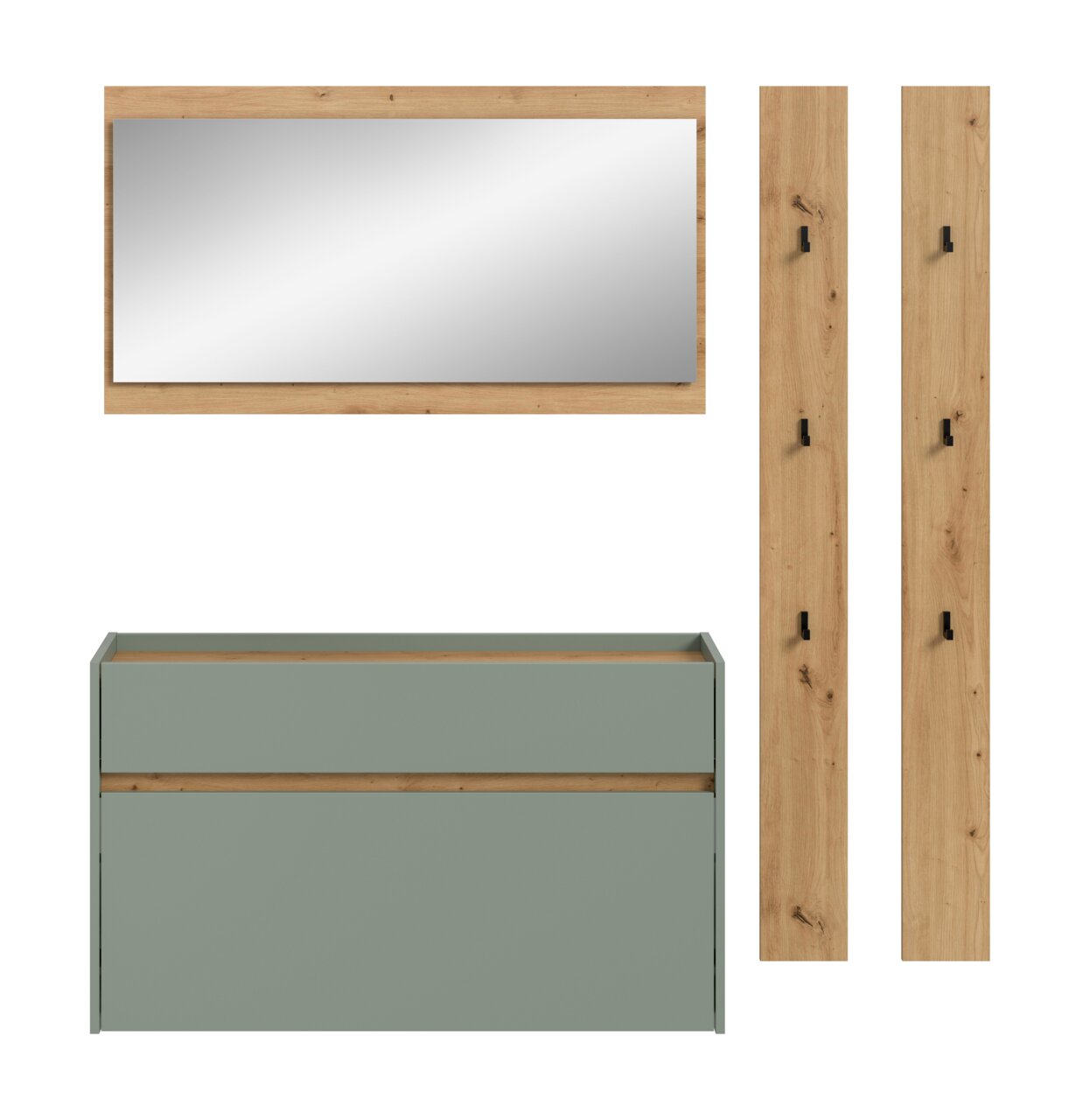 Modernes Garderoben-Set mit großem Wandspiegel im Holzrahmen, grauem Schuhschrank/Kommode mit Holzdetail sowie zwei hohen Holzpaneelen mit schwarzen Haken, Frontansicht auf weißem Hintergrund.