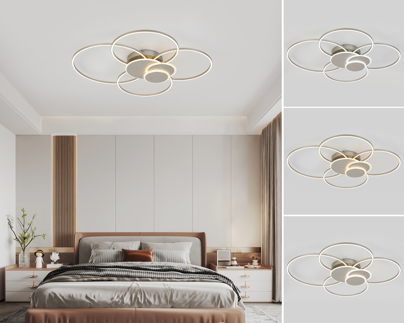 Moderne led-plafondlamp met een cirkelvormig ontwerp, geïnstalleerd in een stijlvolle slaapkamer. Aanzicht van onderaf.