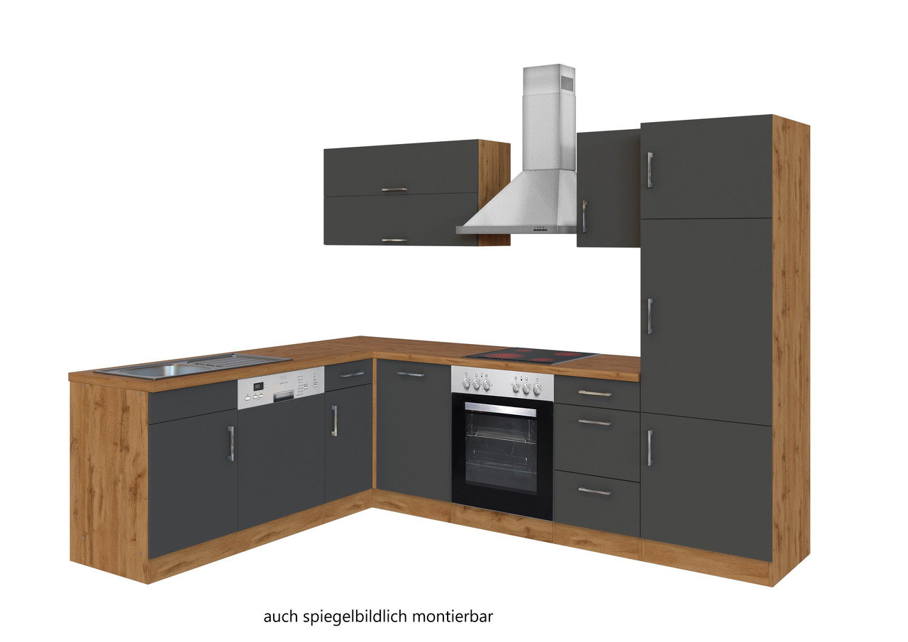 Moderne Eck-Küchenzeile in Holzoptik mit grauen Fronten, ausgestattet mit Herd, Spüle und Dunstabzugshaube, perspektivisch von vorne links betrachtet.