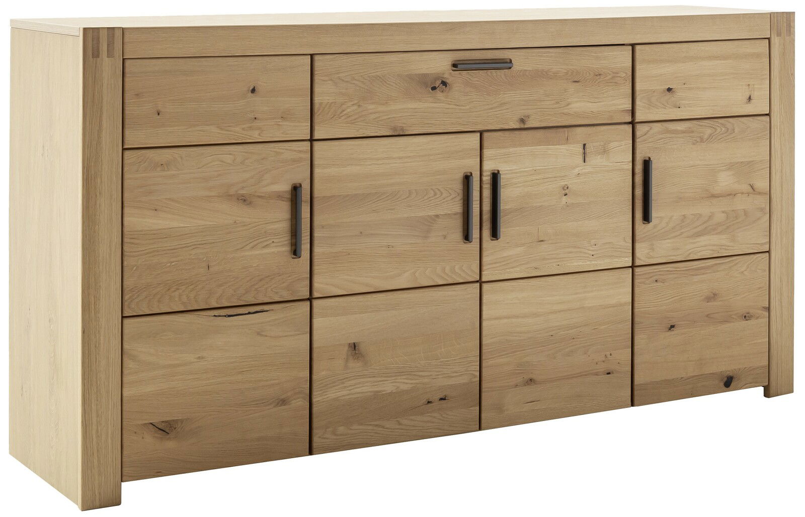 Holz-Sideboard mit mehreren Schubladen und Türen, frontal fotografiert