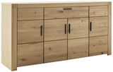 Holz-Sideboard mit mehreren Schubladen und Türen, frontal fotografiert